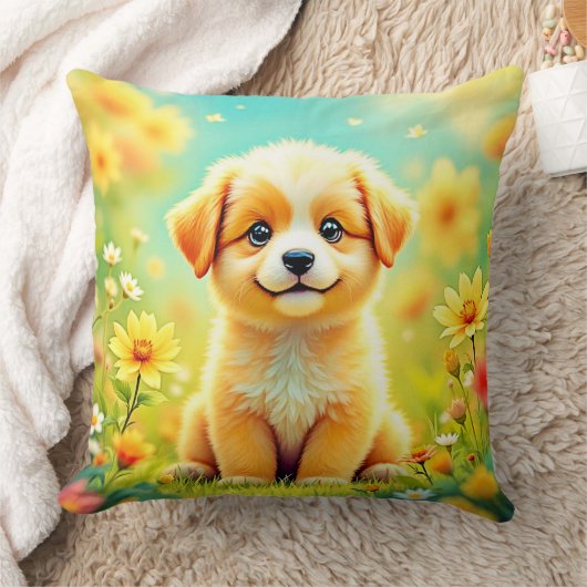 かわいい子犬の花アート クッション (ブランケット)