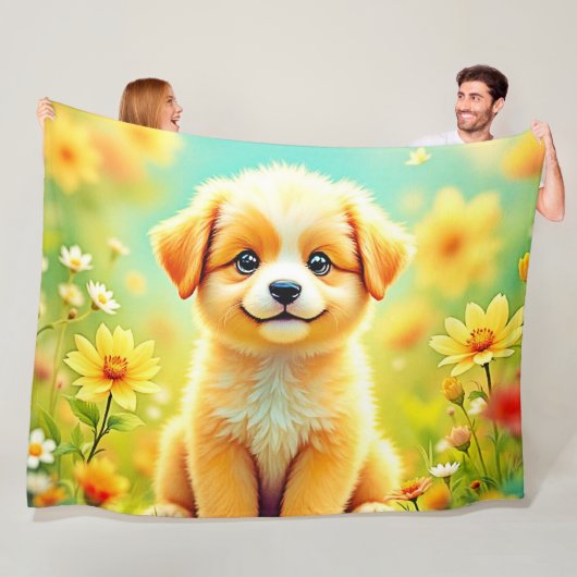かわいい子犬の花アート フリースブランケット (インサイチュ)