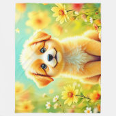 かわいい子犬の花アート フリースブランケット (正面)