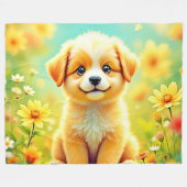 かわいい子犬の花アート フリースブランケット (正面(横))