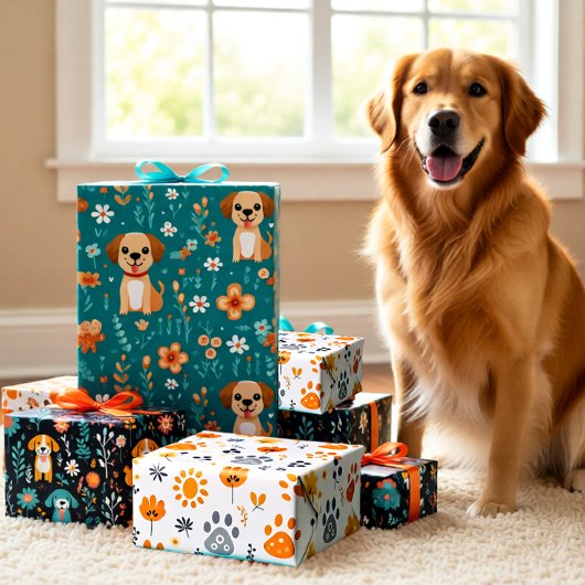 かわいい子犬の花セット3 ラッピングペーパーシート