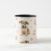 かわいい子犬の花柄ハート模様 マグカップ (中央)