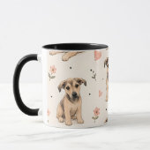 かわいい子犬の花柄ハート模様 マグカップ (左)
