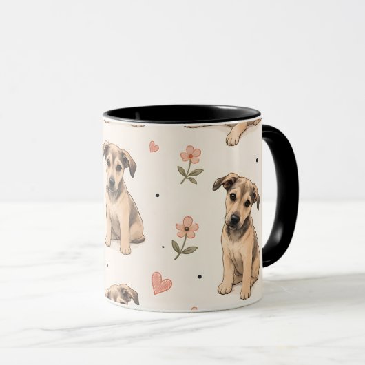かわいい子犬の花柄ハート模様 マグカップ (正面右)