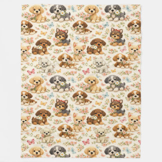 かわいい子犬の花柄蝶々 フリースブランケット
