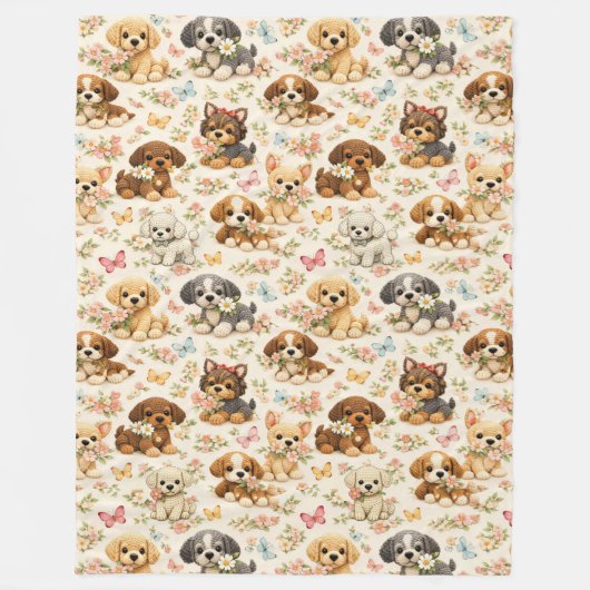 かわいい子犬の花柄蝶々  フリースブランケット (正面)