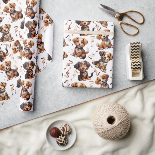 かわいい子犬の茶色のリボンドッグペット ラッピングペーパー (クラフト)