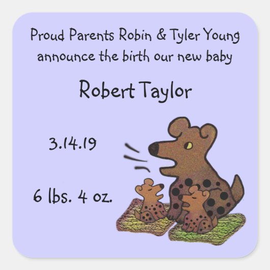 かわいい子犬の誕生アナウンスメント スクエアシール (正面)