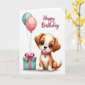 かわいい子犬の誕生日カード カード (黄色い花)