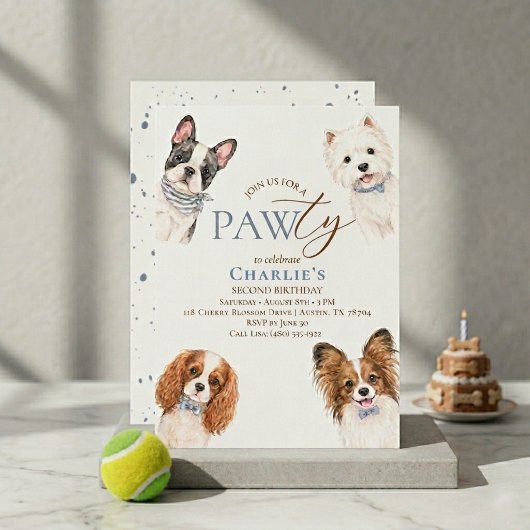 かわいい子犬の誕生日パーティーの招待状 青 招待状