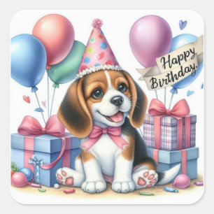 かわいい子犬の誕生日パーティーイラストレーション- Gift & Ba スクエアシール