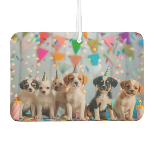 かわいい子犬の誕生日パーティーデザイン カーエアーフレッシュナー (正面)