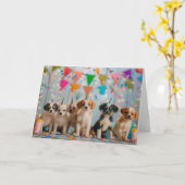 かわいい子犬の誕生日パーティーデザイン カード (黄色い花)