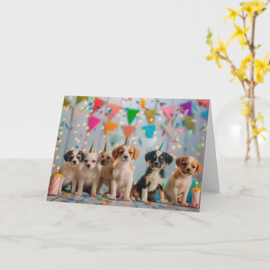 かわいい子犬の誕生日パーティーデザイン カード (黄色い花)