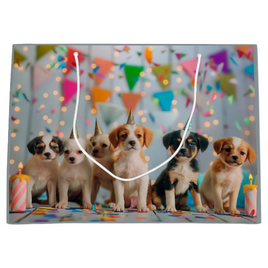 かわいい子犬の誕生日パーティーデザイン ラージペーパーバッグ (正面)