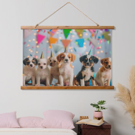 かわいい子犬の誕生日パーティーデザイン 吊り下げ型タペストリー (寝室)