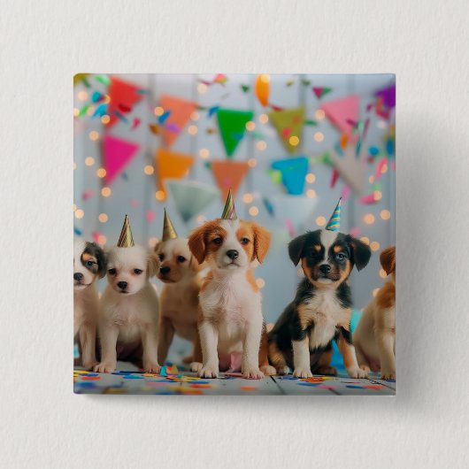 かわいい子犬の誕生日パーティーデザイン 缶バッジ (正面)