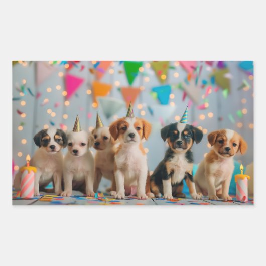 かわいい子犬の誕生日パーティーデザイン 長方形シール (正面)