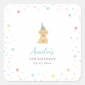 かわいい子犬の誕生日パーティーブルー スクエアシール (正面)