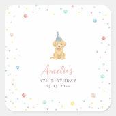 かわいい子犬の誕生日パーティー ピンク スクエアシール (正面)