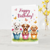 かわいい子犬の誕生日ポットカード カード (黄色い花)