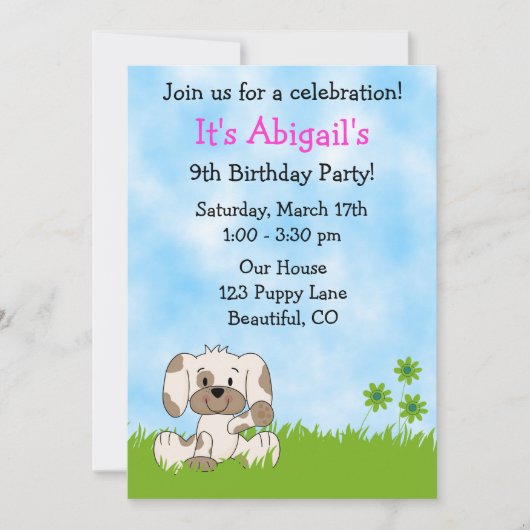 かわいい子犬の誕生日招待状for girls 招待状 (正面)