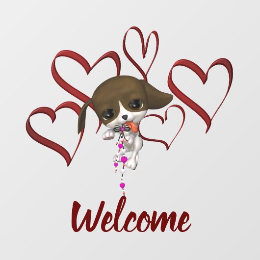 かわいい子犬の赤いハートへようこそ ウィンドウサイン (シート)