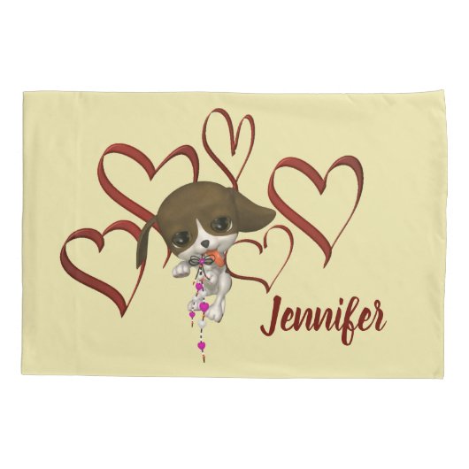 かわいい子犬の赤いハートパーソナライズされた 枕カバー (裏面)