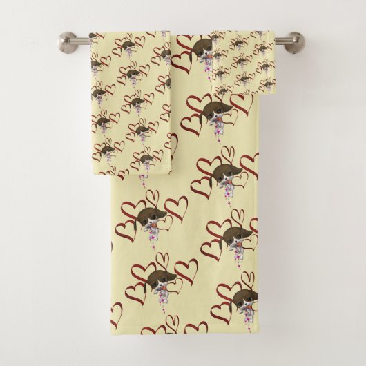 かわいい子犬の赤いハート パーソナライズされた バスタオルセット (インサイチュ)