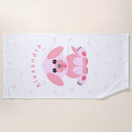 かわいい子犬の赤面ピンクの漫画パーソナライズされた ビーチタオル (正面)