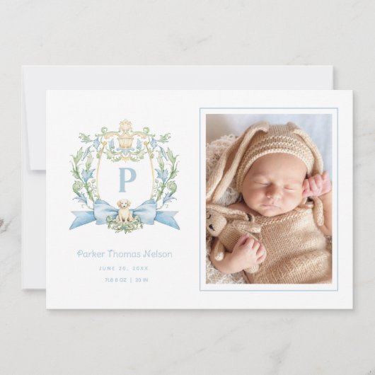 かわいい子犬の青いリボンクレスト | ベビーボーイ 案内状 (正面)