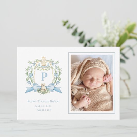 かわいい子犬の青いリボンクレスト | ベビーボーイ 案内状 (スタンド正面)