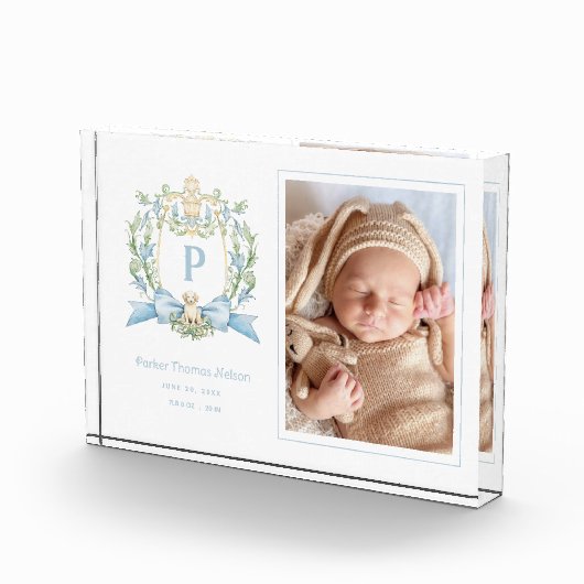 かわいい子犬の青いリボンクレスト | 男の赤ちゃんウォールアート フォトブロック (右)