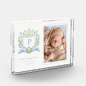 かわいい子犬の青いリボンクレスト | 男の赤ちゃんウォールアート フォトブロック (左)