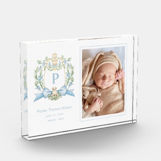 かわいい子犬の青いリボンクレスト | 男の赤ちゃんウォールアート フォトブロック (左)