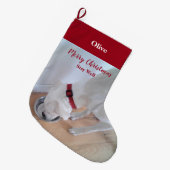 かわいい子犬の飲み水レッドクリスマスラージ ラージクリスマスストッキング (正面 (吊り時))