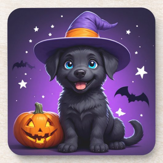 かわいい子犬の魔女帽子 ハロウィン 🐶 コースター (正面)