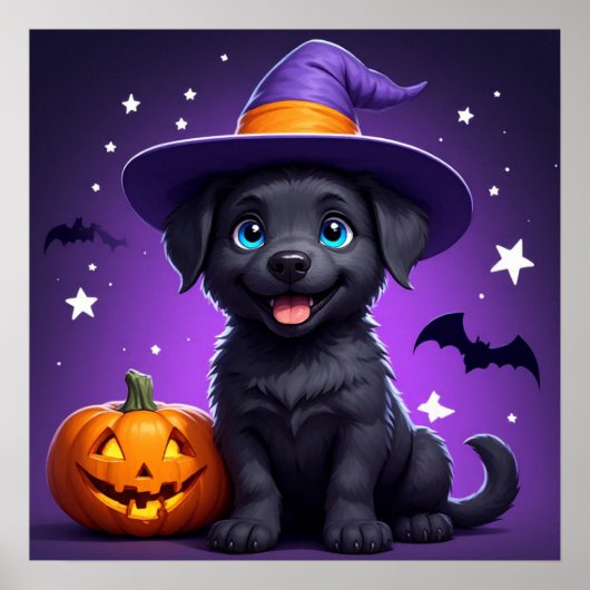 かわいい子犬の魔女帽子 ハロウィン 🐶 ポスター (正面)