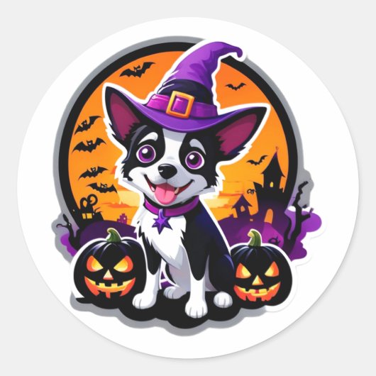 かわいい子犬の魔法使い帽子 ハロウィン 🎃 ラウンドシール (正面)