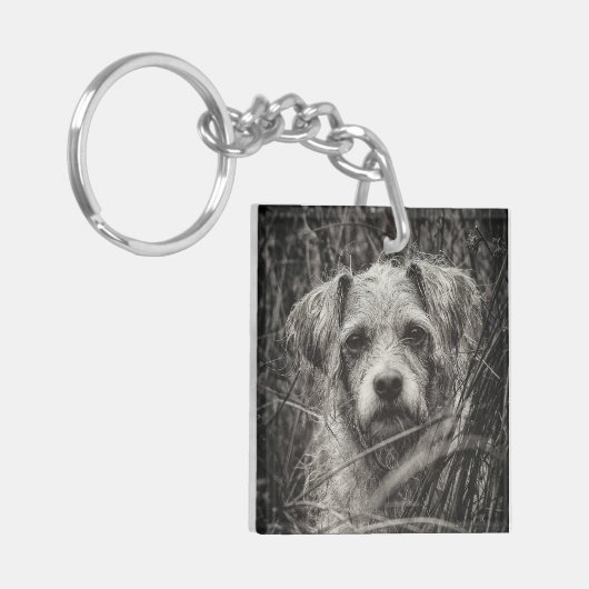 かわいい子犬の黒と白いポートレート写真 キーホルダー (正面左)