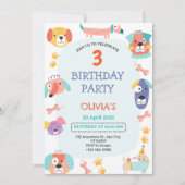 かわいい子犬の3歳誕生日パーティー招待状 招待状 (正面)