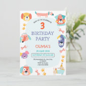 かわいい子犬の3歳誕生日パーティー招待状 招待状 (スタンド正面)