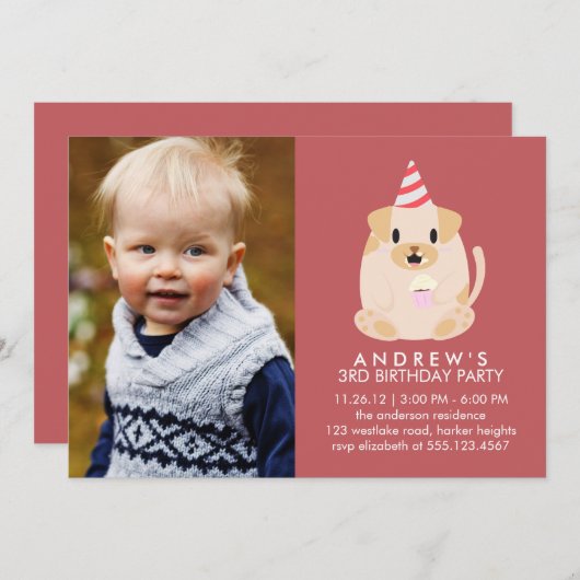 かわいい子犬カスタムの写真誕生日パーティー 招待状 (正面/裏面)