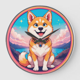 かわいい子犬カラフル漫画スタイルデザイン ラージ壁時計