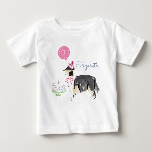 かわいい子犬コリー1stバースデーケーキ ベビーTシャツ (正面)