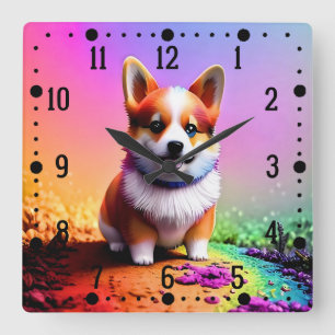 かわいい子犬コーギドッグ–36475 スクエア壁時計