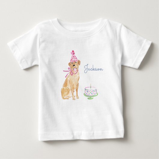 かわいい子犬ゴールデンラボ1stバースデーケーキ ベビーTシャツ (正面)