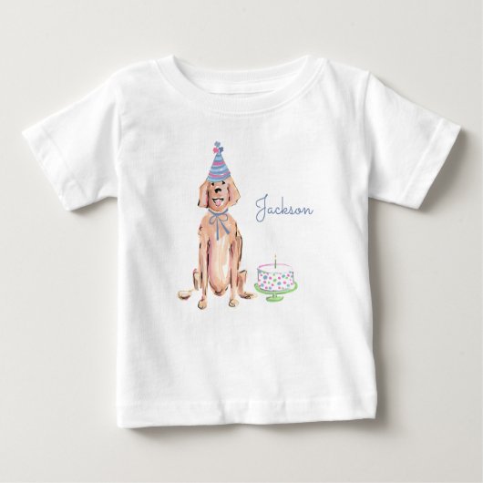かわいい子犬ゴールデンレトリバー1stバースデーケーキ ベビーTシャツ (正面)