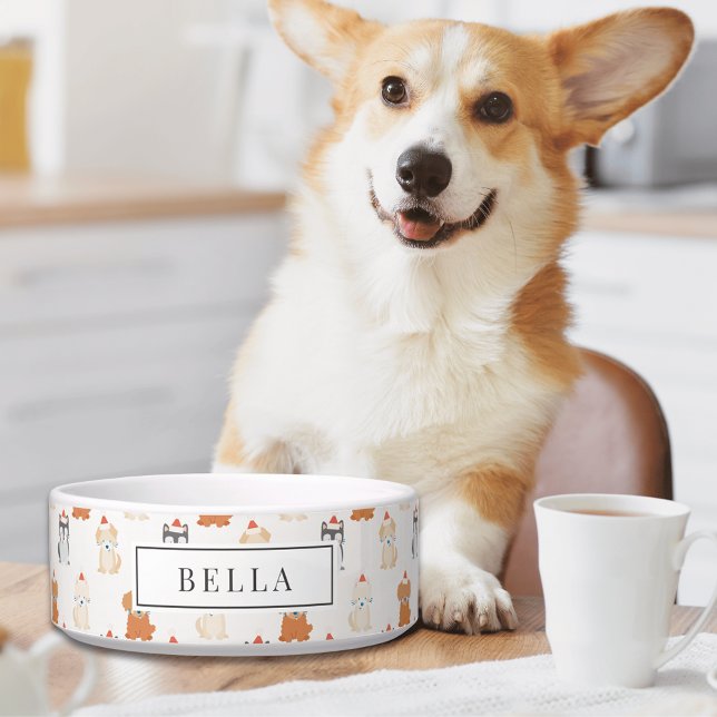 かわいい子犬サンタ柄の名前ペット ボウル (クリエイターアップロード済み)