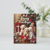 かわいい子犬ハッピーホリデークリスマス ポストカード (スタンド正面)
